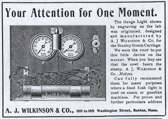 A. J. Wilkinson & Company, Magazine Advertisement for Electric Light for Stanley Steam Carriage, April 20, 1904, Horseless Age.